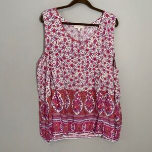 NEW Suzanne Betro 4X BabyDoll Tank Tunic‎ White Pink Floral Print Bohemian